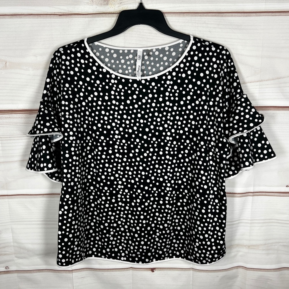 NY‎ Collection Ruffle Sleeve Blouse Women XL Black Polka Dot Tiered Bell Sleeve